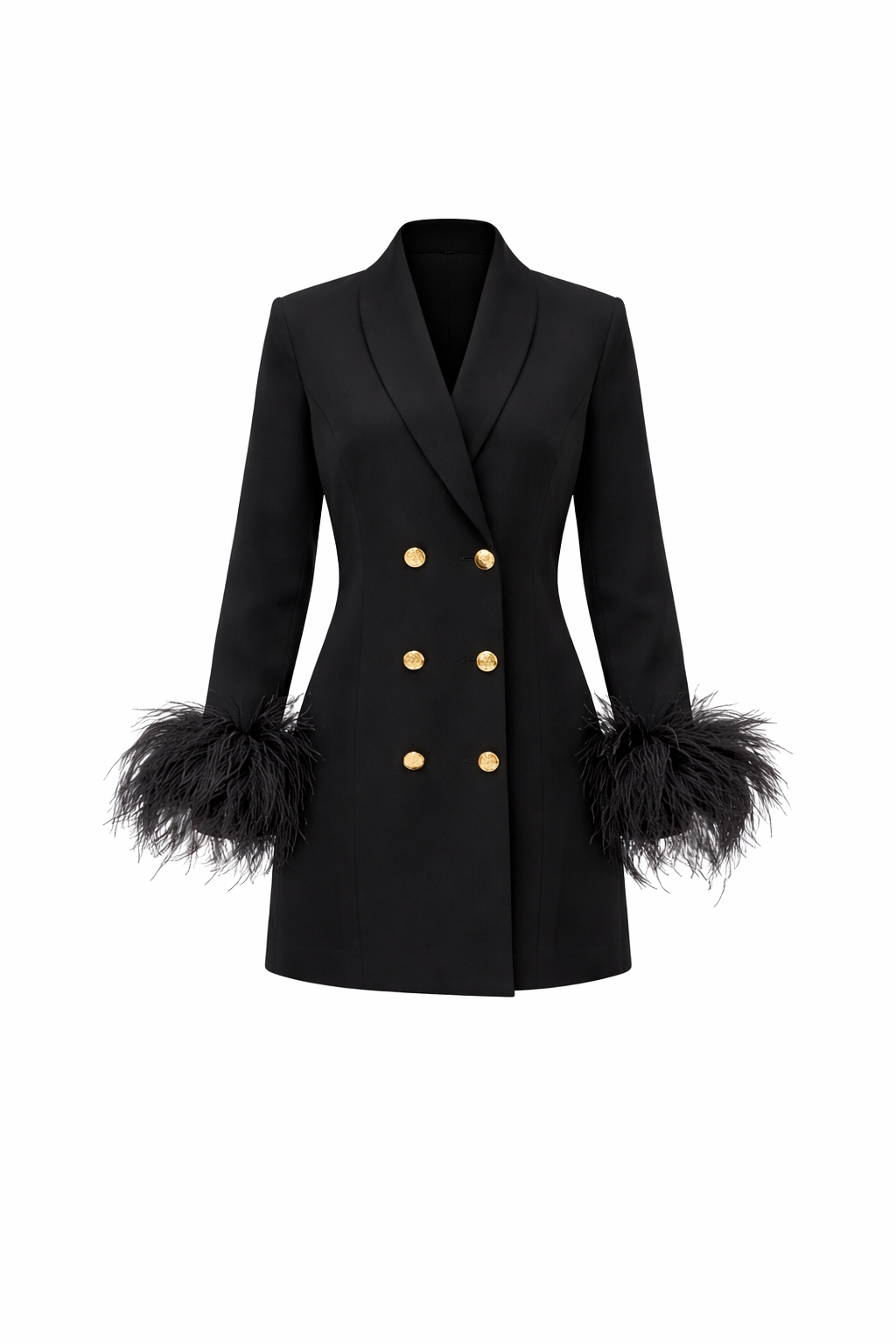 Black coat with feathered cuffs on a white background
