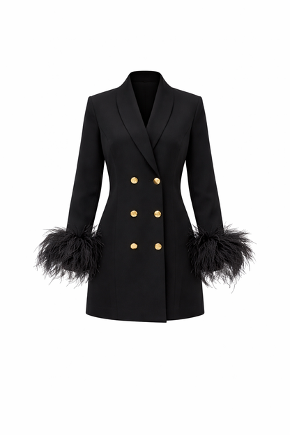 Black coat with feathered cuffs on a white background