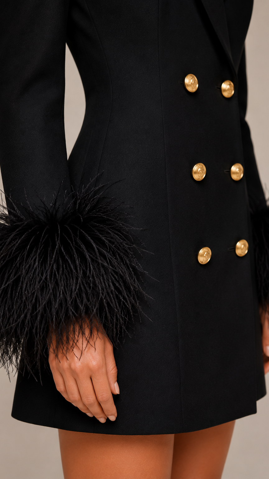 Black coat with gold buttons and feathered cuffs