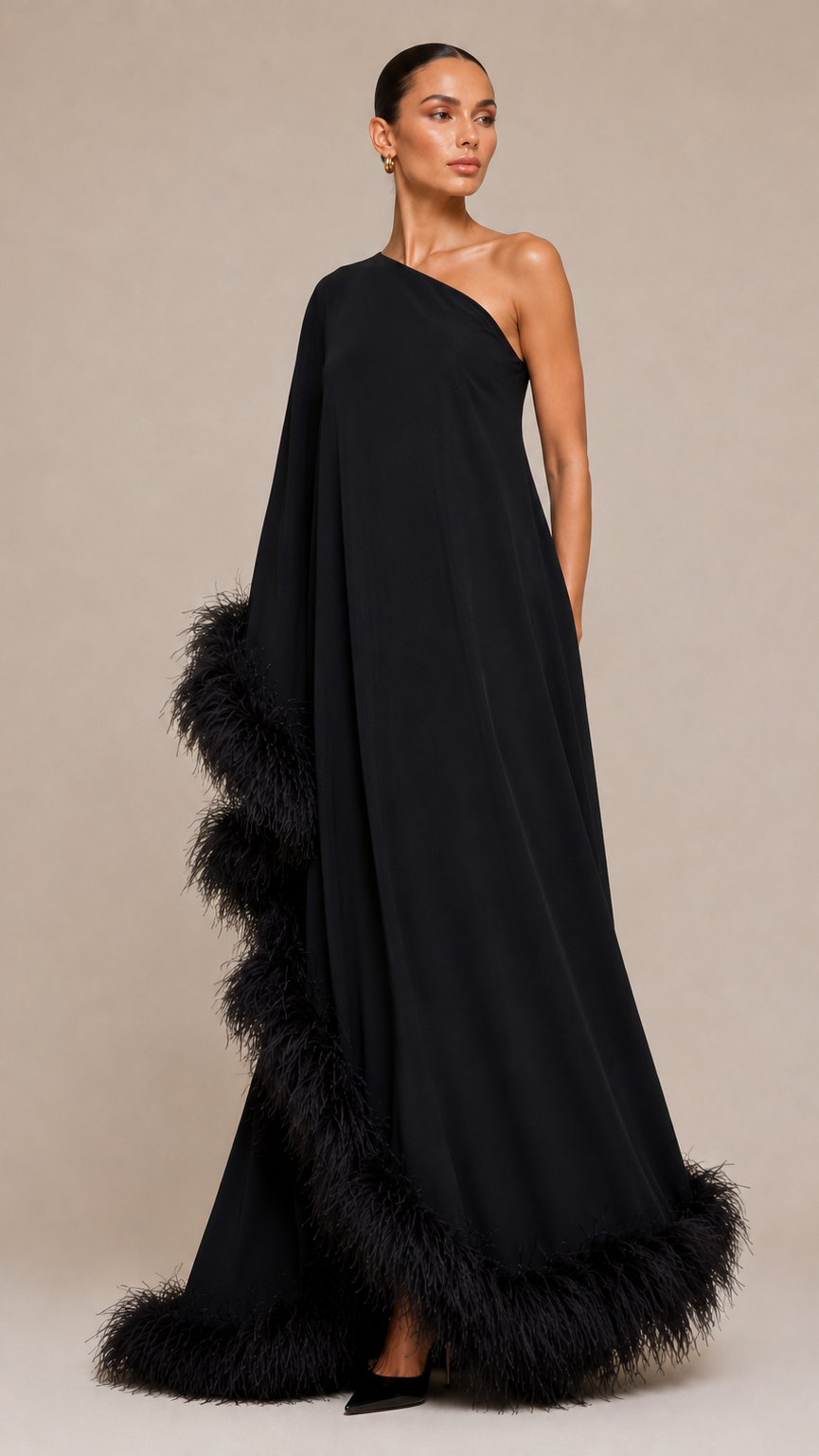 Black one-shoulder gown with feather details