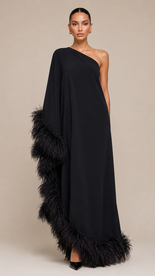 Black one-shoulder gown with feather details