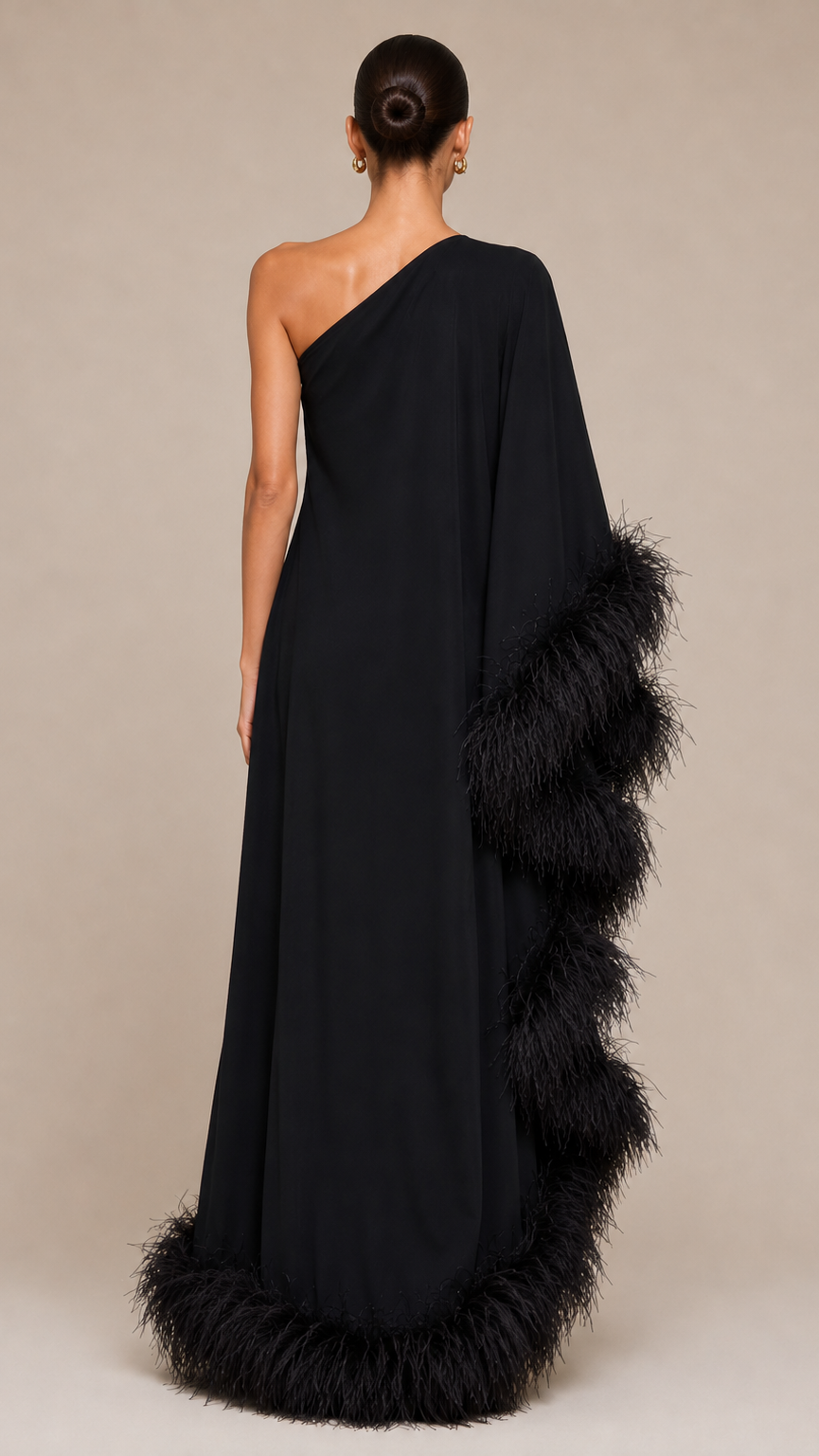 Black one-shoulder gown with feather details
