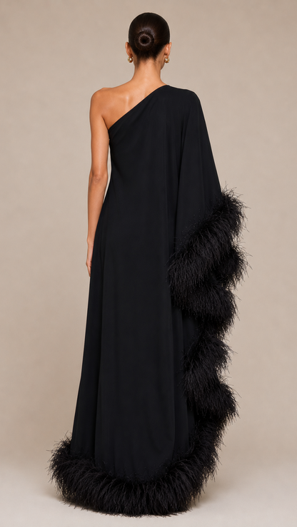 Black one-shoulder gown with feather details