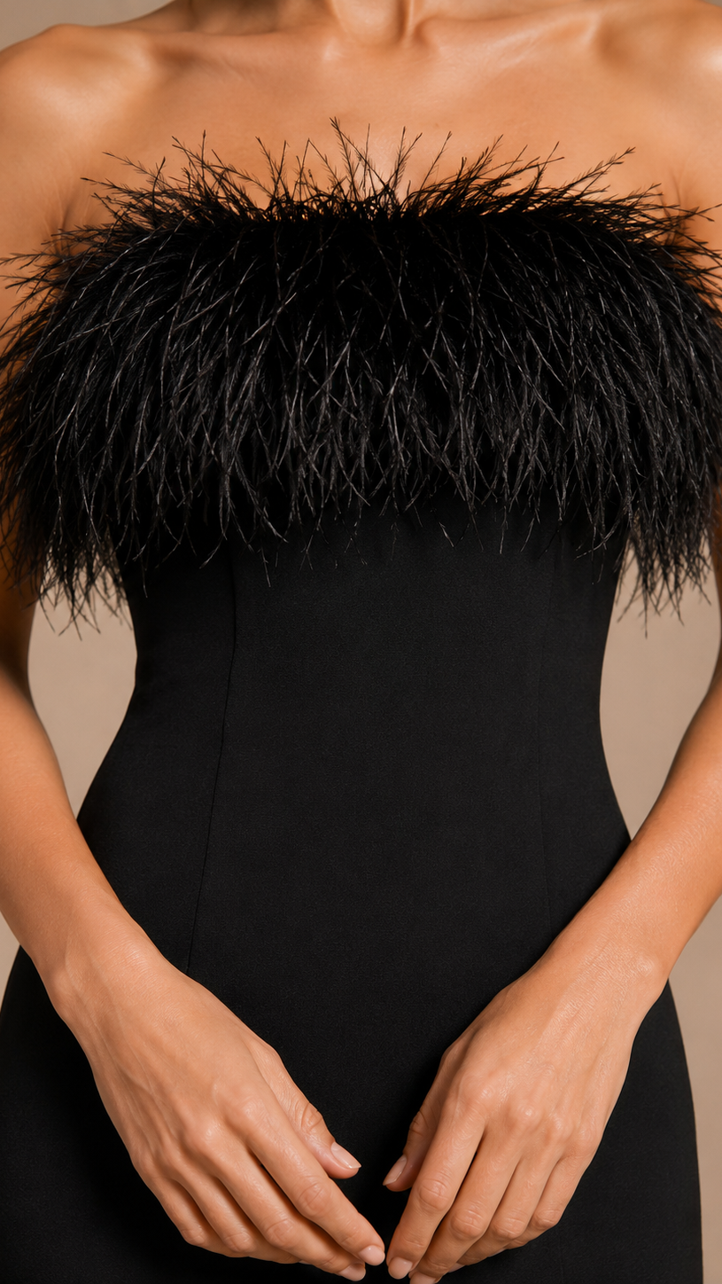 Black strapless dress with feathered top