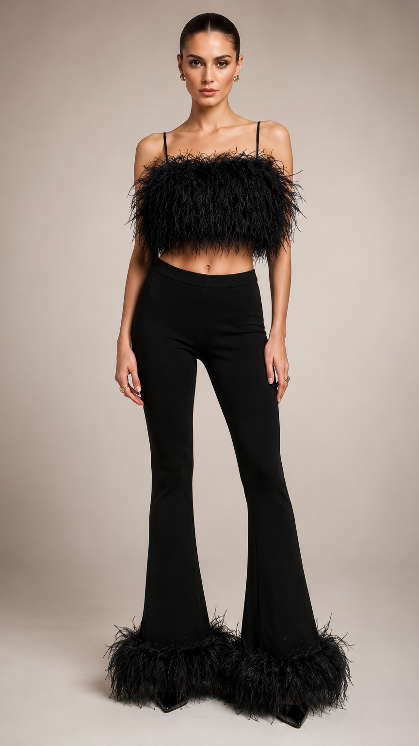 Model wearing a black feathered top and flared pants